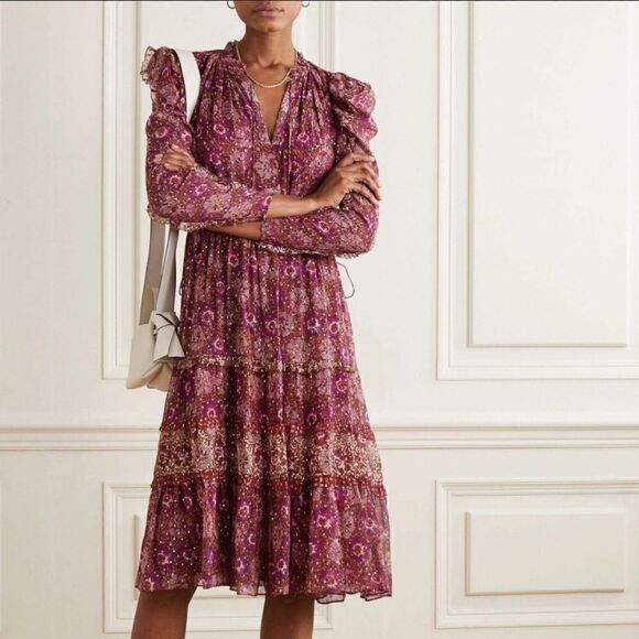 ULLA JOHNSON ALESSANDRA SILK FLORAL MIDI DRESS -WINE Silk Size 0 - Picture 1 of 15